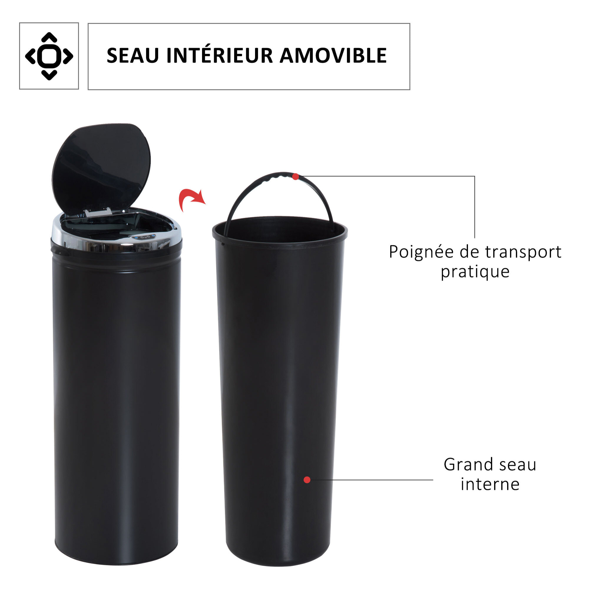 Poubelle automatique détecteur de mouvement 50L bac amovible acier inox. noir