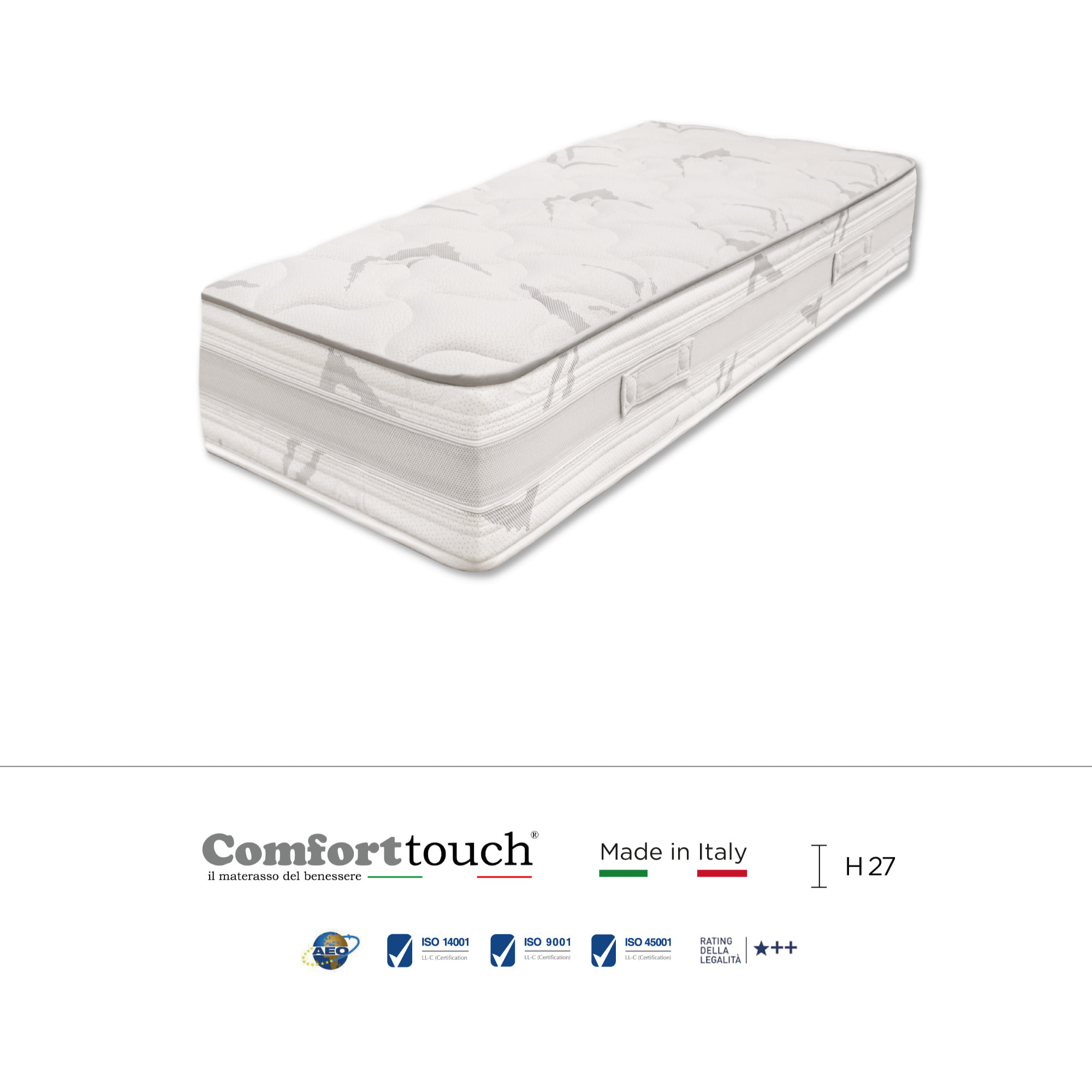 "Amber" H27 cm 90x200 guanciale Memory OMAGGIO sfoderabile a molle insacchettate indipendenti, schiuma poliuretanica e Memory Foam