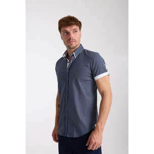 camicia uomo slim 1 bottone button down doppio collo Popeline Stretch Riga Media Blu\Bianco