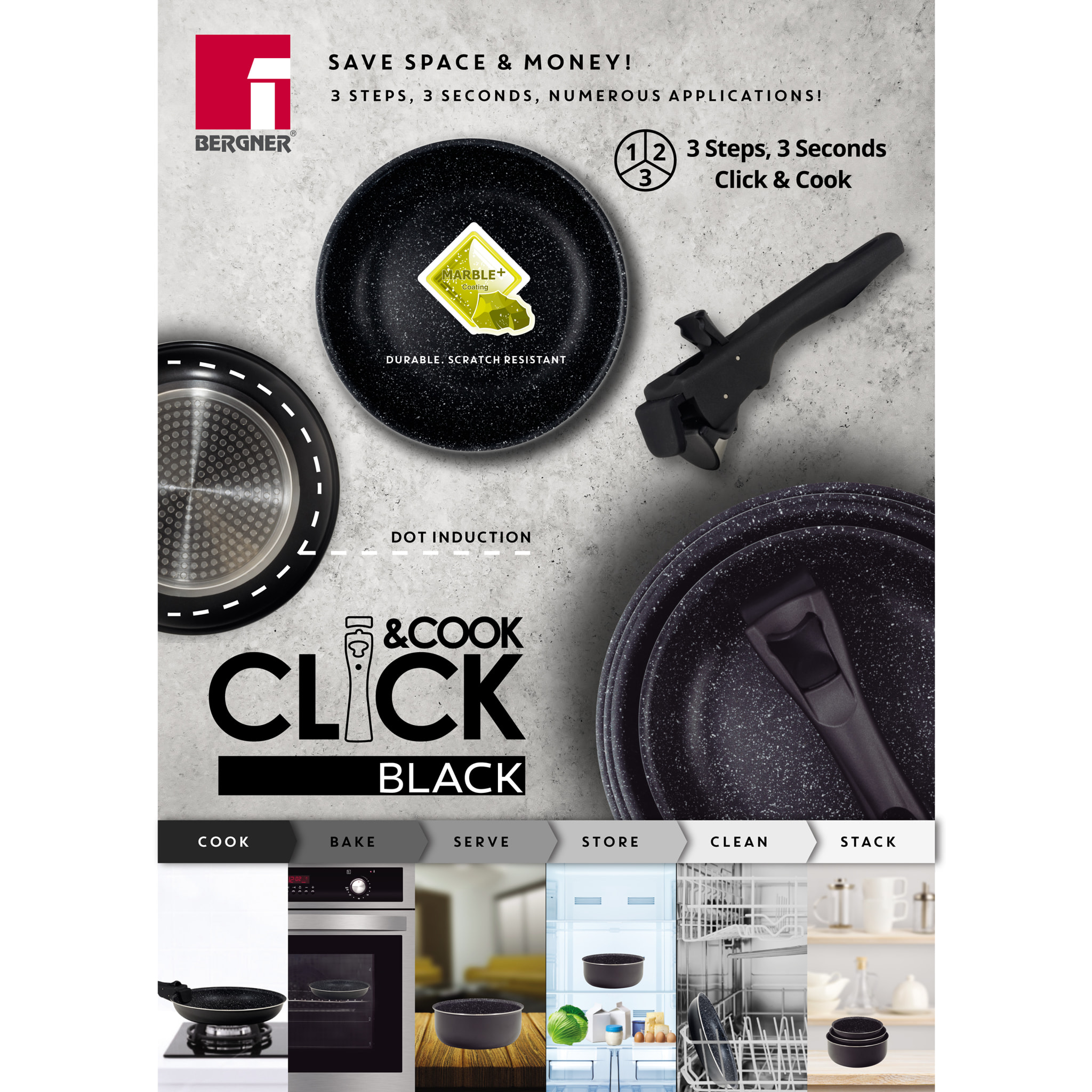 Set 3 cazos Bergner 16+18+20cm  Click & cook black CON mango amovible