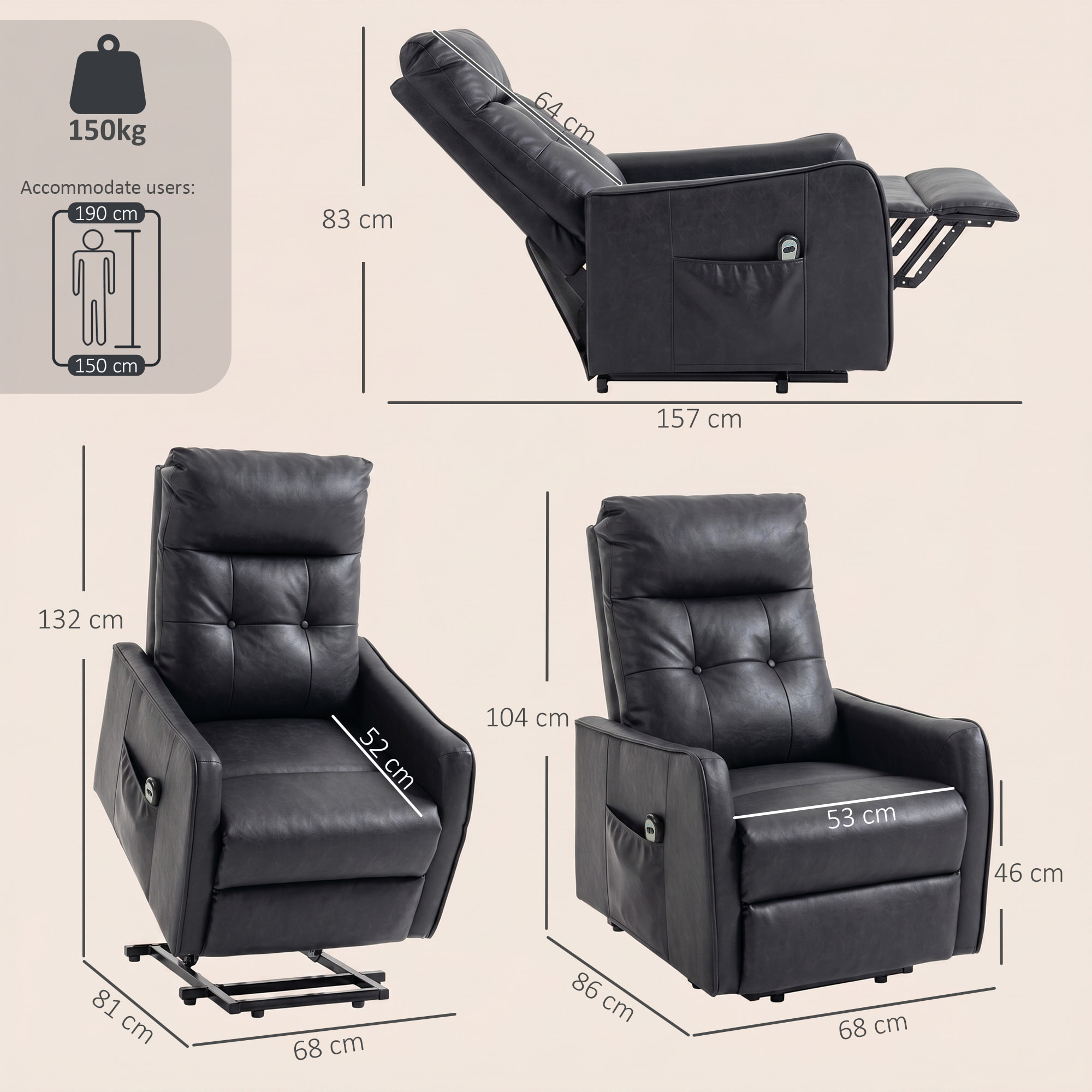 HOMCOM Sillón Relax Reclinable Eléctrico Levanta Personas, Tapizado en Cuero PU, Sillón Elevador con Control Remoto, Asiento de Muelles, Reposapiés, Respaldo Alto, Bolsillos Laterales, Gris