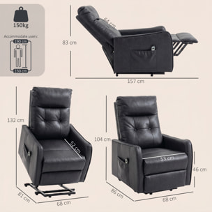 HOMCOM Sillón Relax Reclinable Eléctrico Levanta Personas, Tapizado en Cuero PU, Sillón Elevador con Control Remoto, Asiento de Muelles, Reposapiés, Respaldo Alto, Bolsillos Laterales, Gris