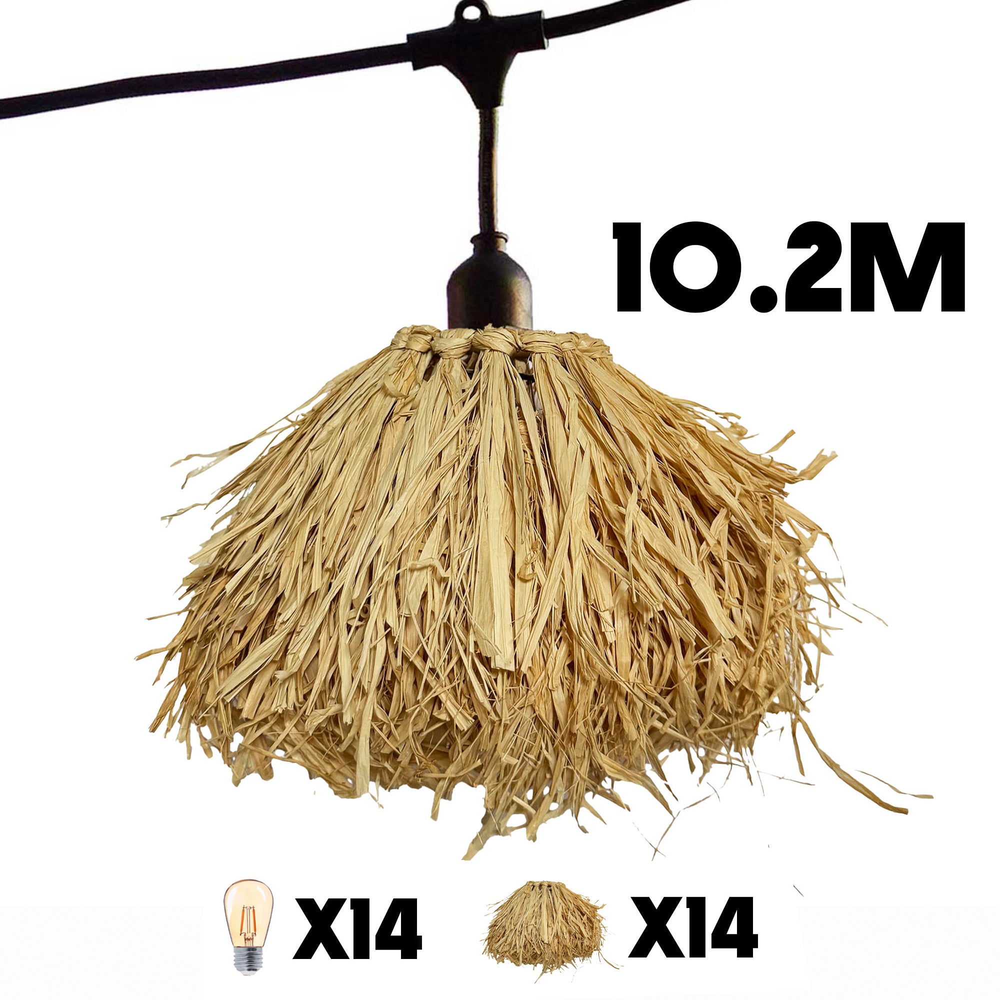 Lot de 2 guirlandes lumineuses extérieur connectables 14 abat-jour frangés en raphia style bohème ampoules filament E27 LED blanc chaud 2x FRUFRU LIGHT 10m