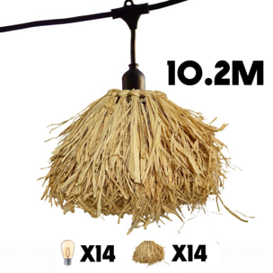 Lot de 2 guirlandes lumineuses extérieur connectables 14 abat-jour frangés en raphia style bohème ampoules filament E27 LED blanc chaud 2x FRUFRU LIGHT 10m