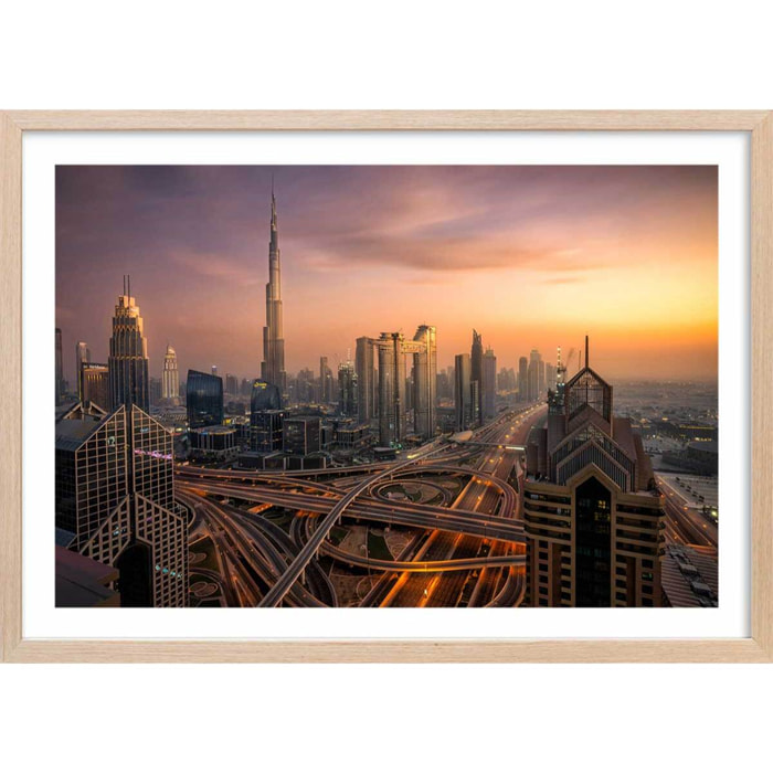 Affiche ""Dubai sunset"" Affiche + cadre en bois - Chêne