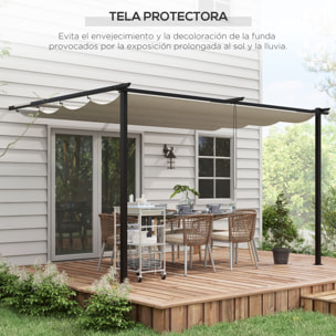 Pérgola de Pared de Jardín 4x3 m Gazebo Exterior Cenador con Techo Retráctil Tela de Poliéster y Marco de Acero para Patio Terraza Balcón Crema