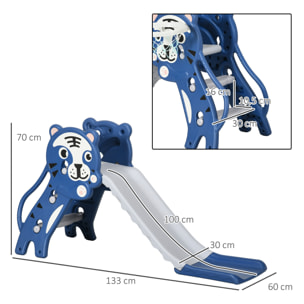 Tobogán Infantil 2 en 1 Tobogán para Niños de 18 a 36 Meses con 2 Escaleras 1 Canasta de Baloncesto y Patrón de Tigre para Interior 133x60x70 cm Azul y Gris