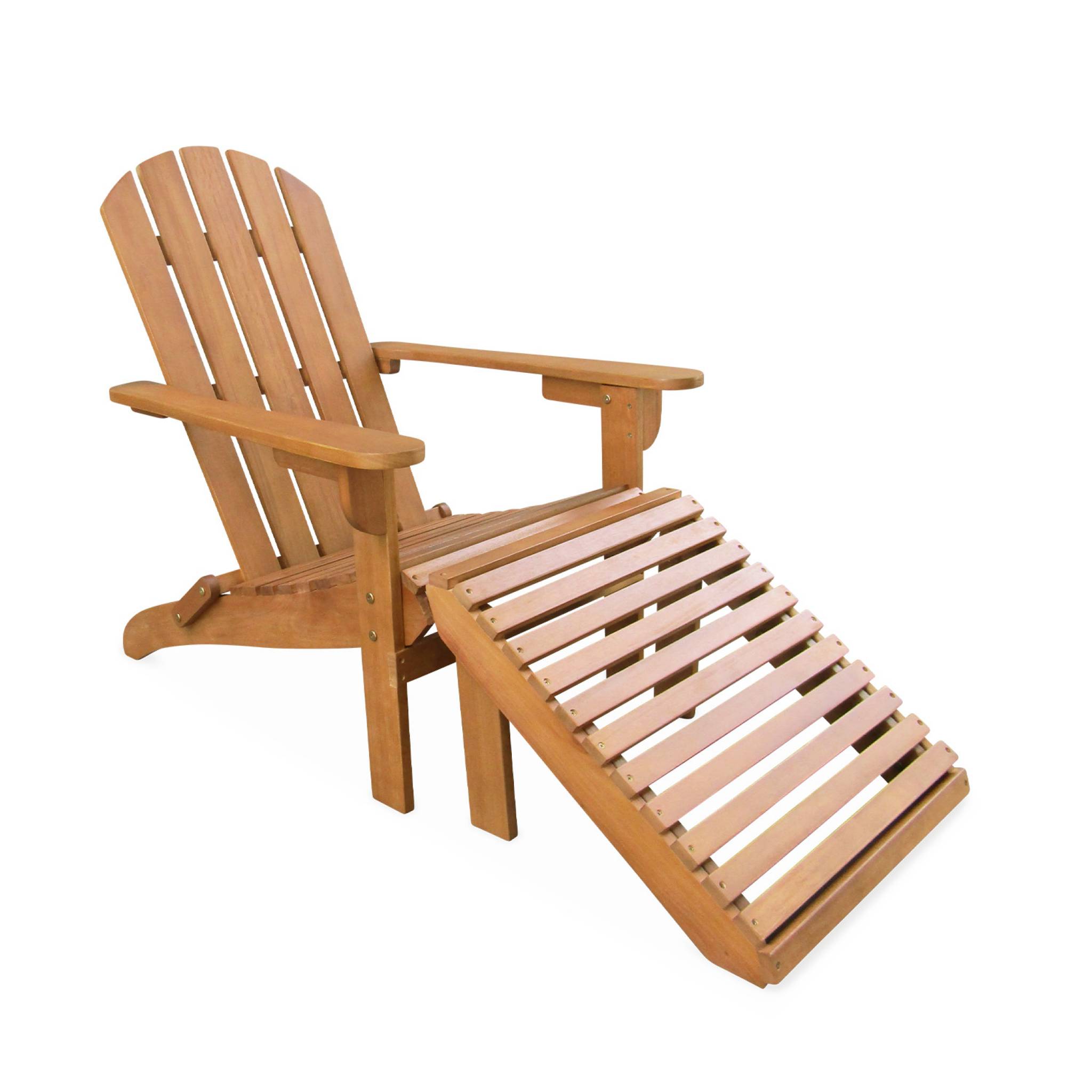 Lot de 2 fauteuils de jardin en bois avec un repose-pieds/table basse - Adirondack Salamanca - Eucalyptus. chaises de terrasse retro