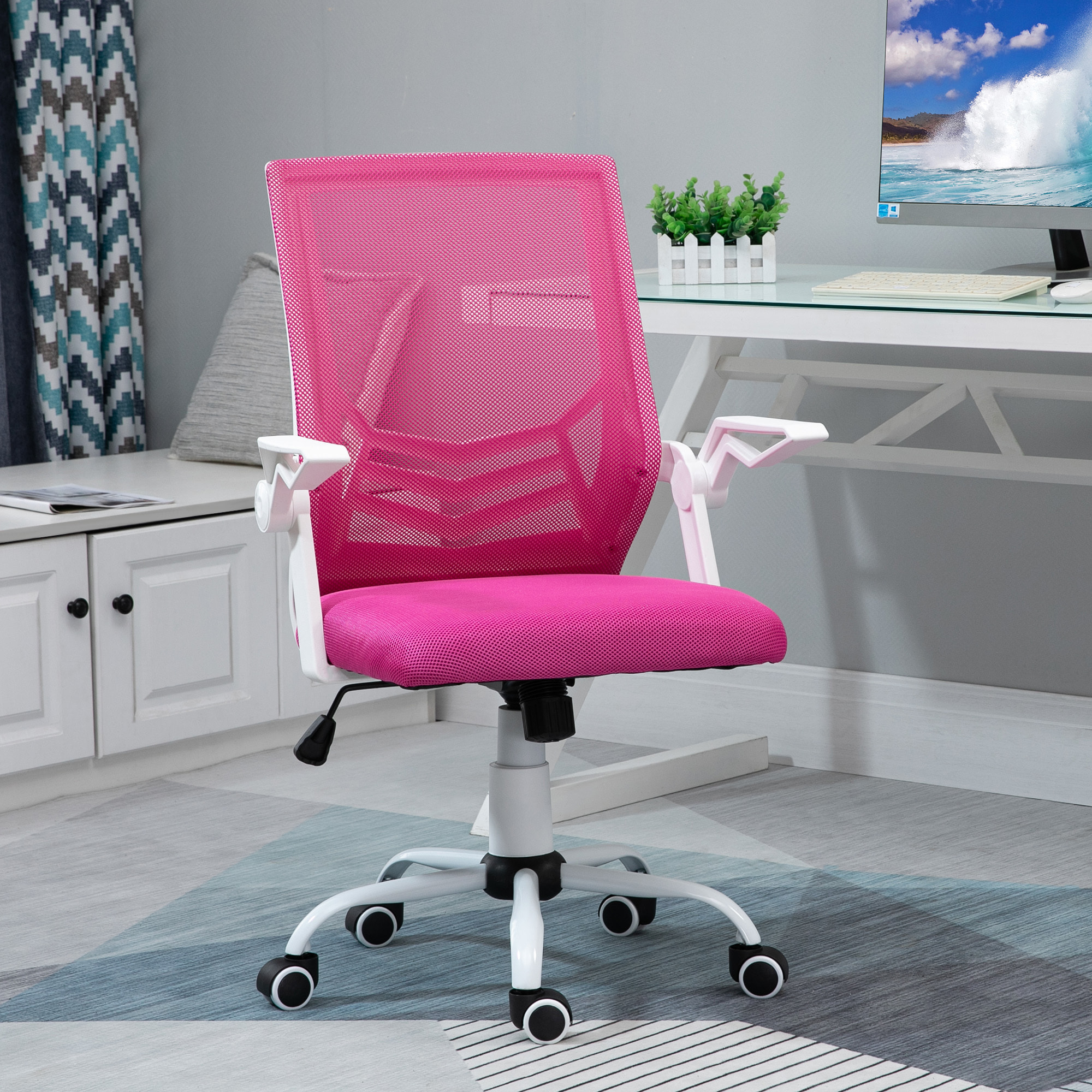 Vinsetto Silla de Oficina Ergonómica Silla Escritorio Giratoria con Altura Ajustable Reposabrazos Abatible Soporte Lumbar Transpirable para Adolescentes Adultos 62,5x55x94-104 cm Rosa