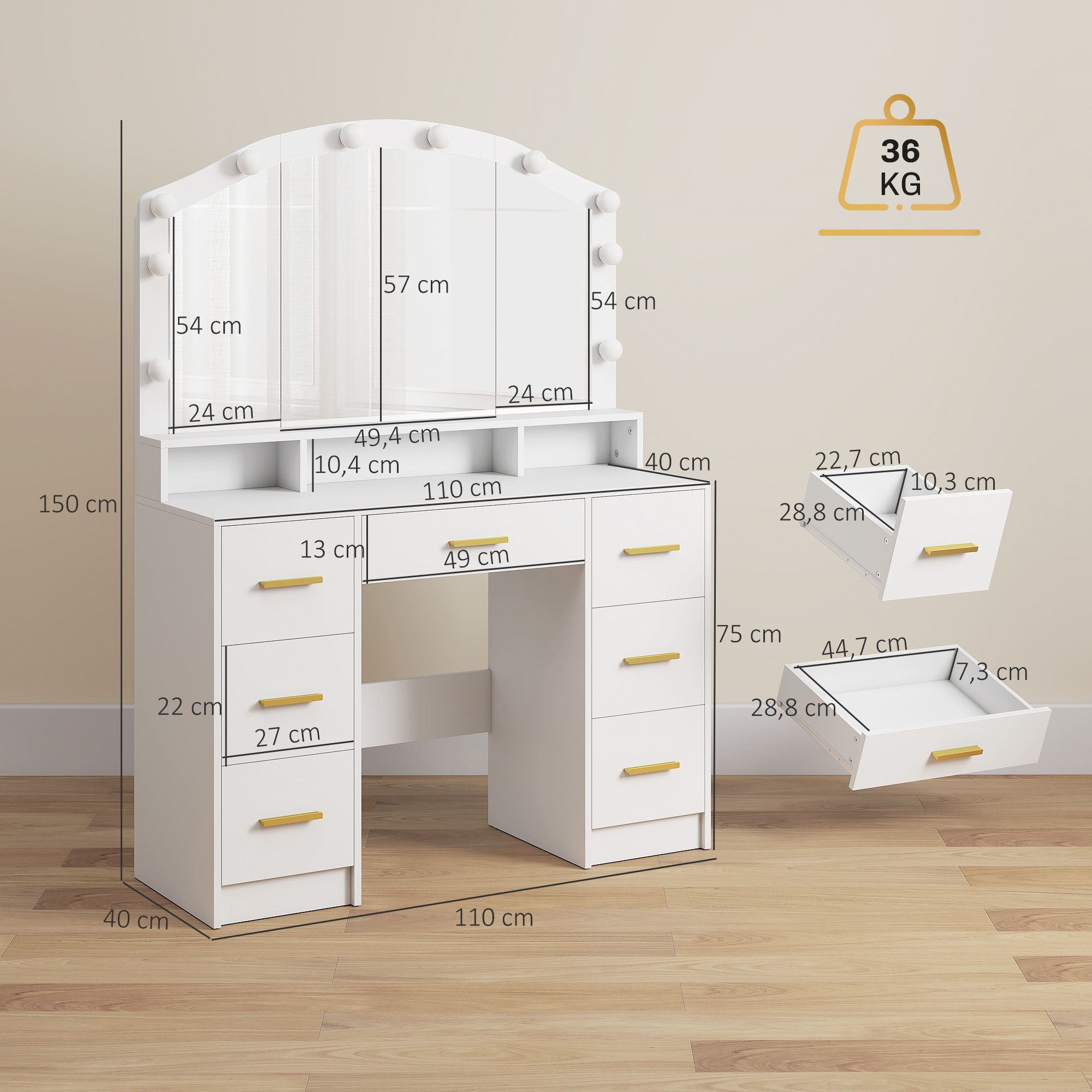 Tocador con 10 Luces LED de 3 Colores, Tocador de Maquillaje con Espejo, Mesa de Maquillaje con 7 Cajones, 3 Compartimentos, Moderno, para Dormitorio, Salón, Blanco