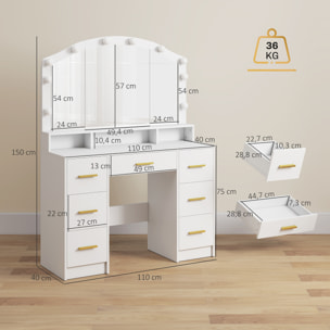 Tocador con 10 Luces LED de 3 Colores, Tocador de Maquillaje con Espejo, Mesa de Maquillaje con 7 Cajones, 3 Compartimentos, Moderno, para Dormitorio, Salón, Blanco