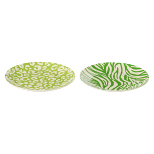 J-Line Assiette à Dessert Léopard + Zèbre - porcelaine - vert/blanc - small - set de 2