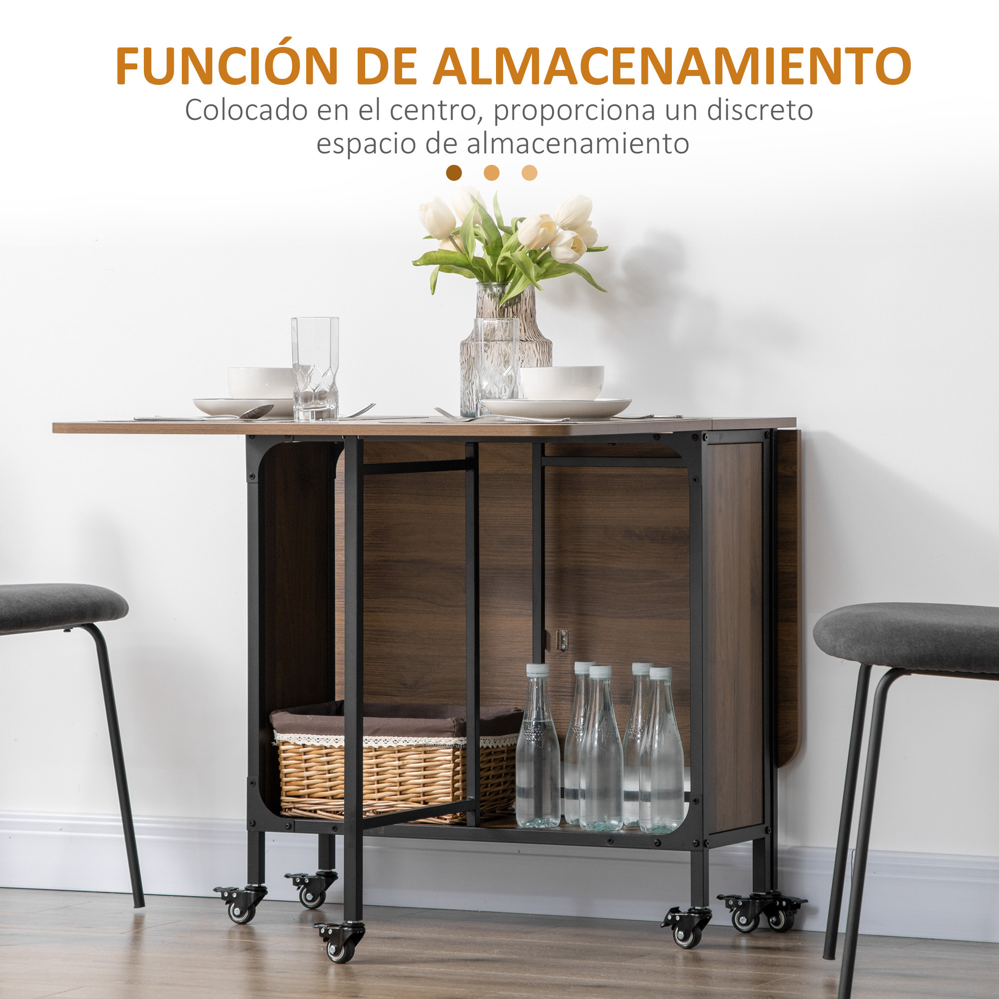 Mesa Plegable de Comedor Mesa de Cocina Plegable con Ruedas Alas Abatibles y Estante de Almacenamiento Mesa Plegable para Salón 130x80x74 cm Madera Marrón