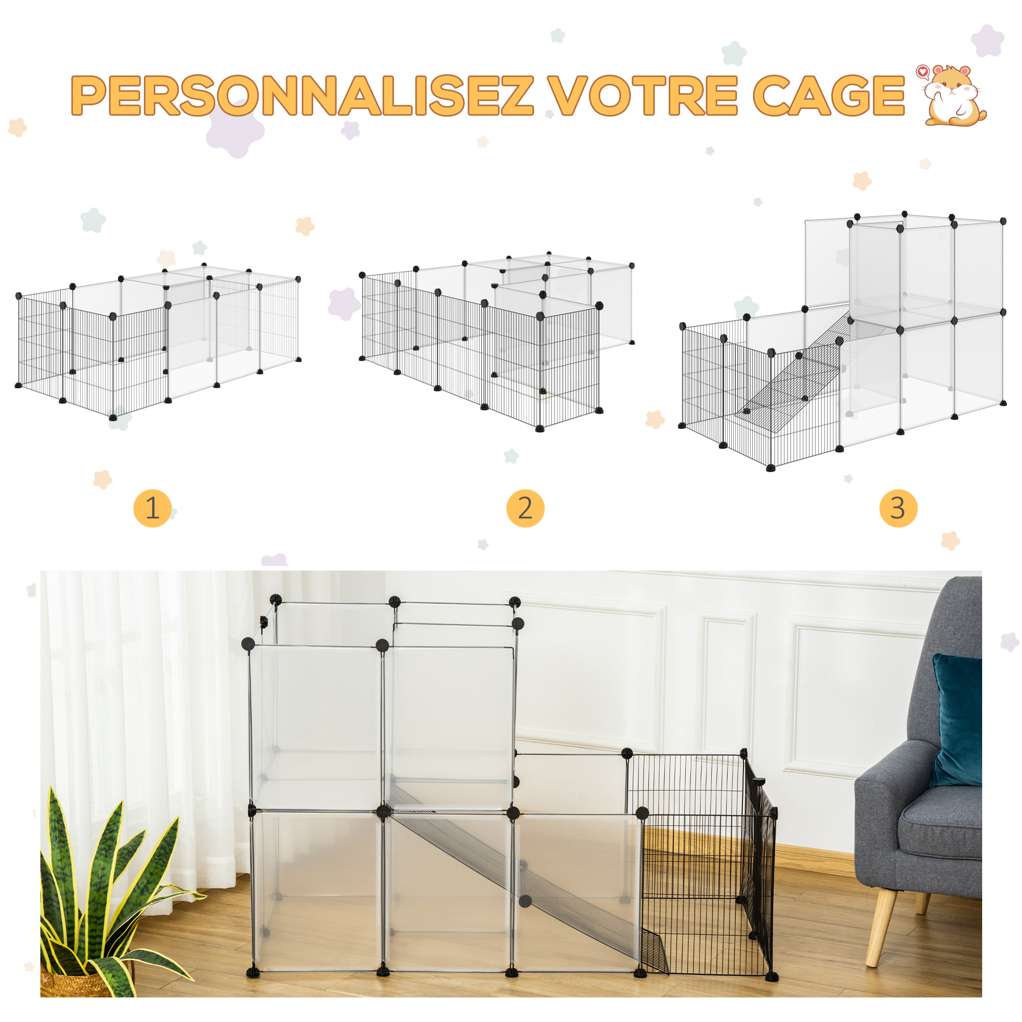 Cage parc enclos modulable rongeurs 2 niveaux 27 panneaux fil métallique noir PP transparent