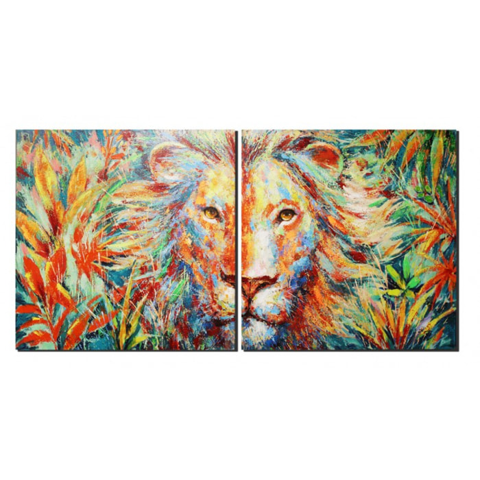 Diptyque peinture sur toile cadre décoratif mural lion multicolore - JUNGLE