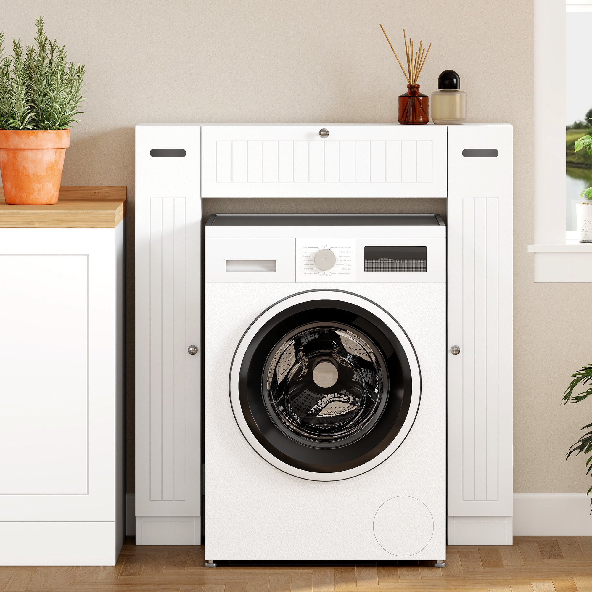 Mueble sobre Inodoro, Armario sobre Inodoro, Mueble de Baño con 2 Armarios Laterales, Cajón Abatible, Portapapeles, Estantes Ajustables, para Lavanderías, Espacios Pequeños, 88x18x98 cm, Blanco