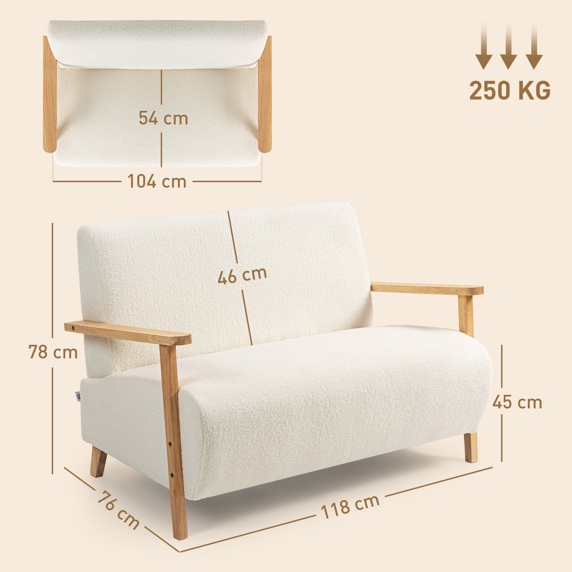 Sofá de 2 Plazas Tapizado en Borreguito Sofá de Salón de 118 cm con Acolchado Grueso Reposabrazos y Patas de Madera para Dormitorio Sala de Estar Crema