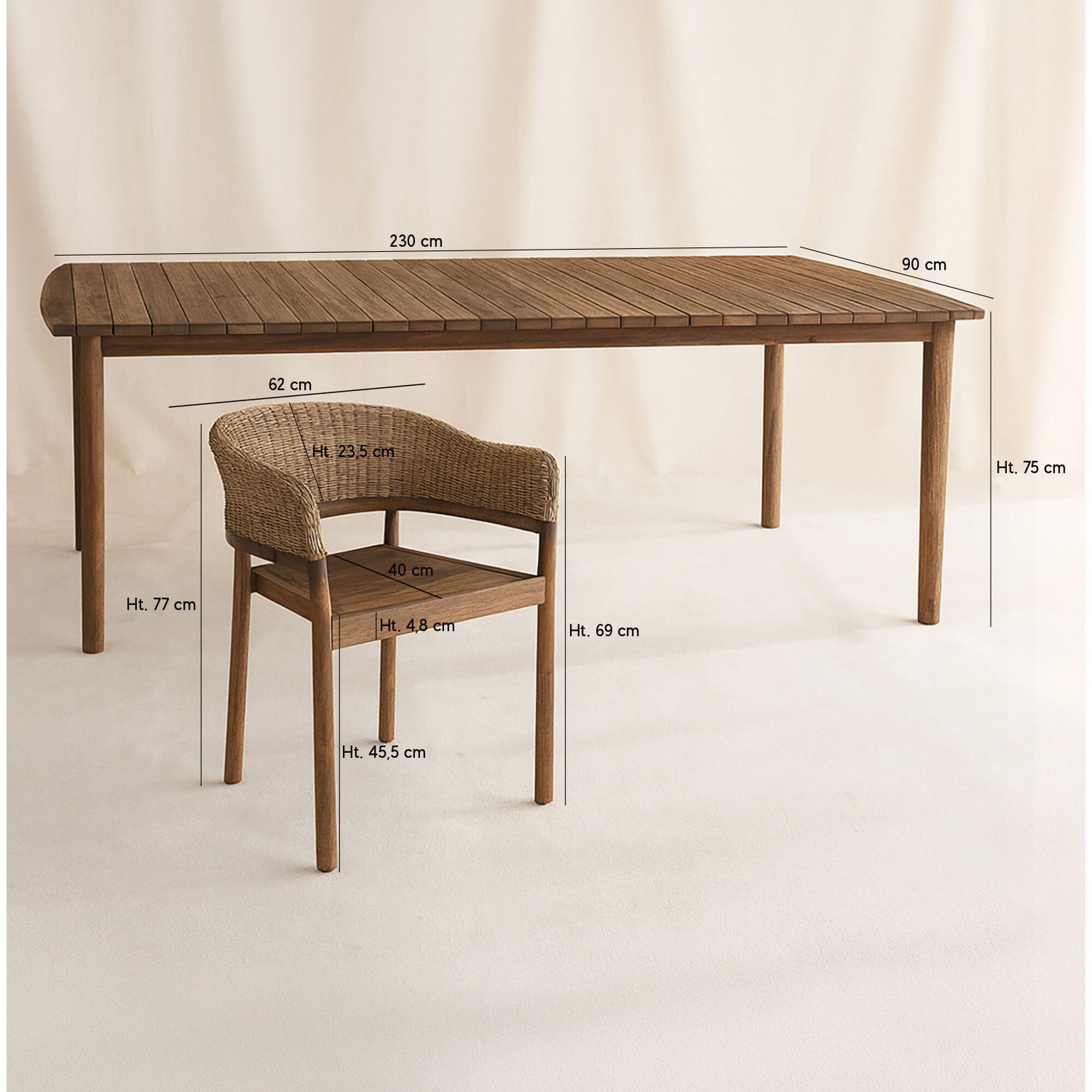 Ensemble table et 8 fauteuils de jardin en bois d'acacia brun et osier ALHAMBRA