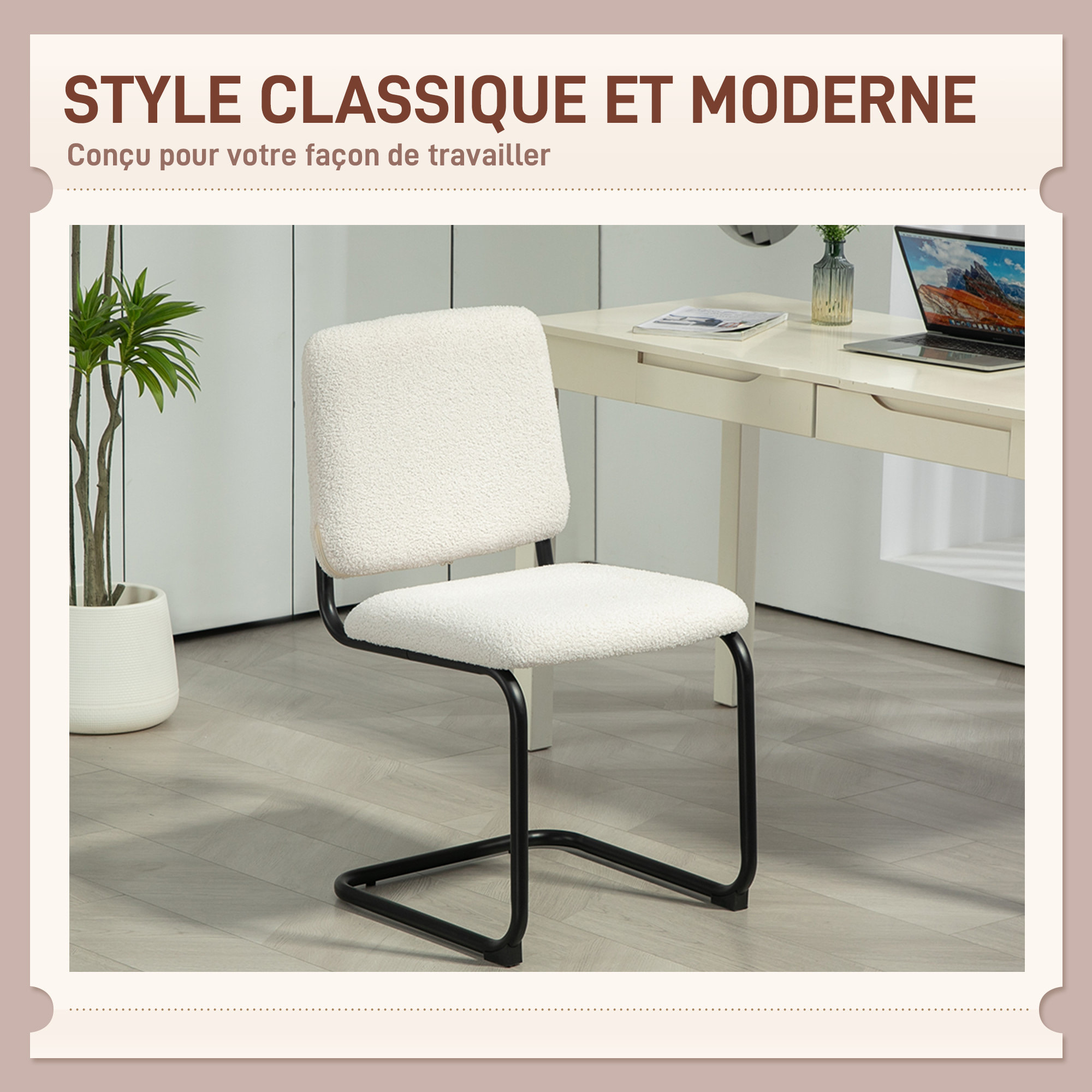 Chaise design cantilever - chaise visiteur - métal noir effet laine bouclée blanc crème