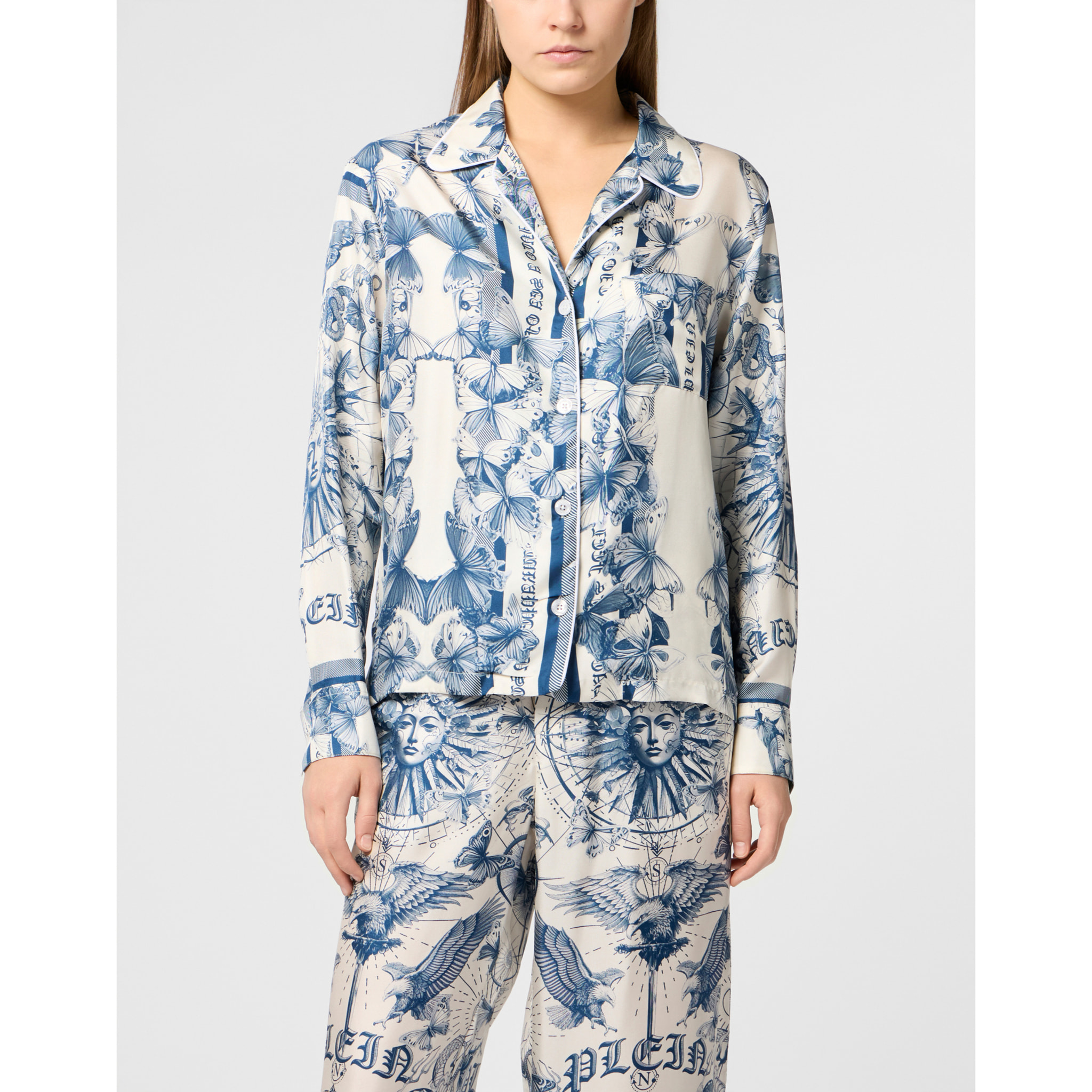 PHILIPP PLEIN Silk Pajama Shirt Butterfly Tattoo