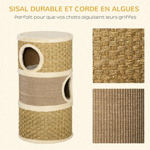 Arbre à chat cylindrique - tour à griffer pour chat - arbre à chat tour - Tonneau griffoir - 3 niches + plateforme - sisal corde d'algues beige