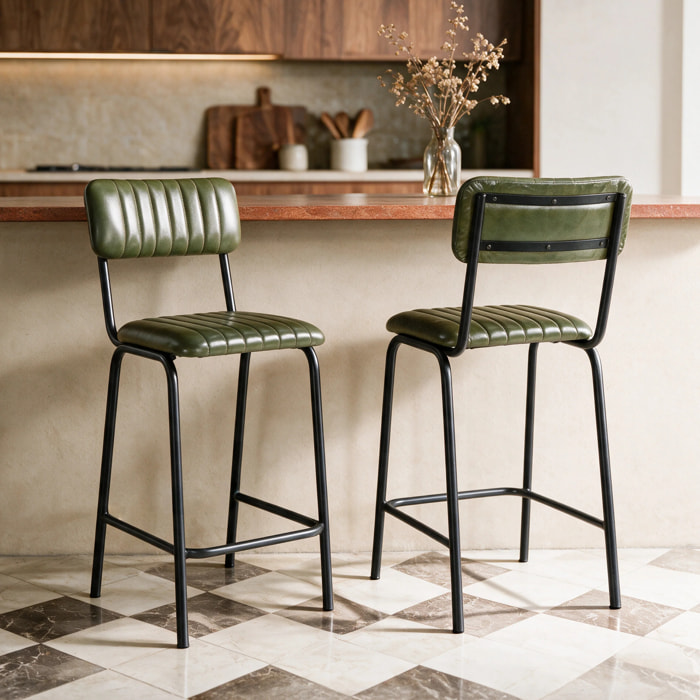 Lot de 2 chaises pour îlot central 65 cm en cuir de buffle vert - Arsène
