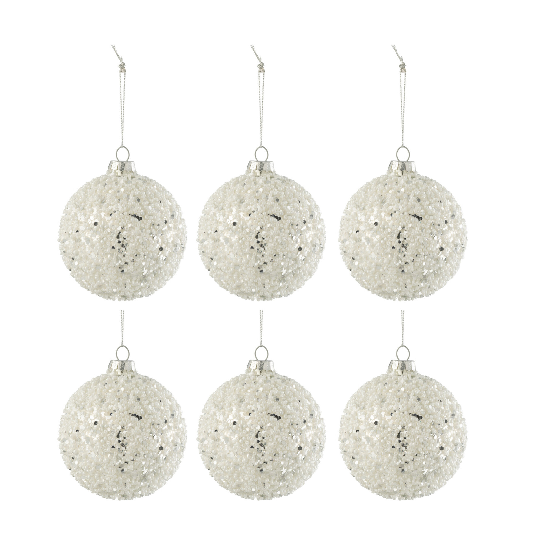 J-Line boule de Noël Lignes Paillettes + Perles - verre - blanc/argent - small - boîte de 6