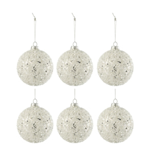 J-Line boule de Noël Lignes Paillettes + Perles - verre - blanc/argent - small - boîte de 6