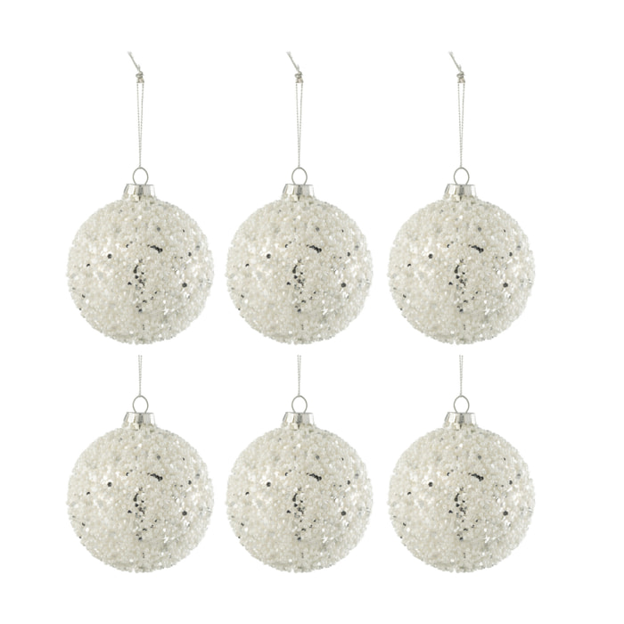 J-Line boule de Noël Lignes Paillettes + Perles - verre - blanc/argent - small - boîte de 6
