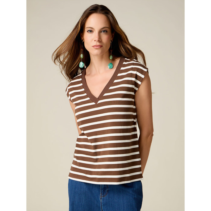 Oltre - T-shirt scollo a V a righe - Marrone