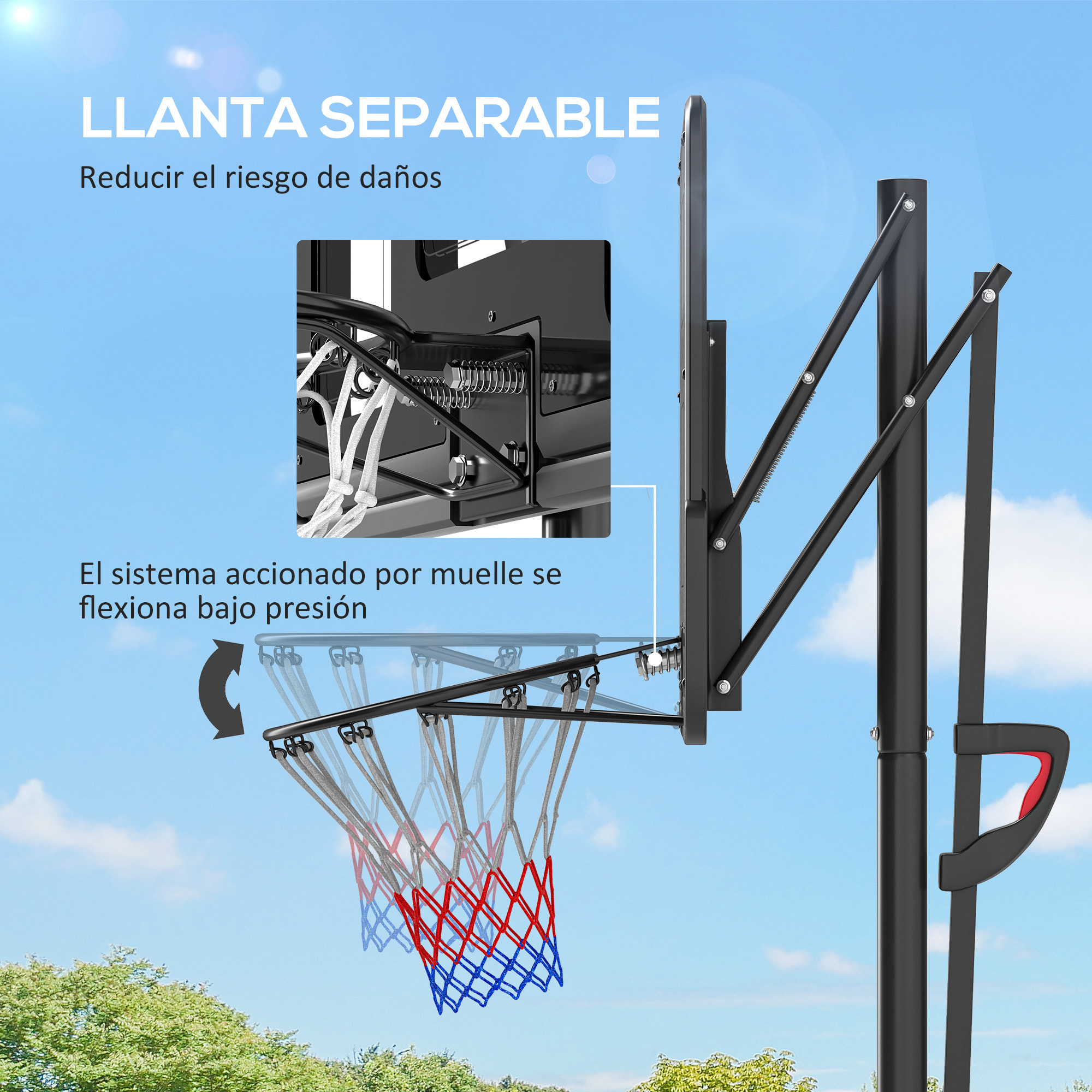 Canasta de Baloncesto de Exterior con Altura Ajustable 235-305 cm Aro de Baloncesto con Soporte Canasta de Baloncesto con Ruedas Base Rellenable Bolsa de Peso Negro