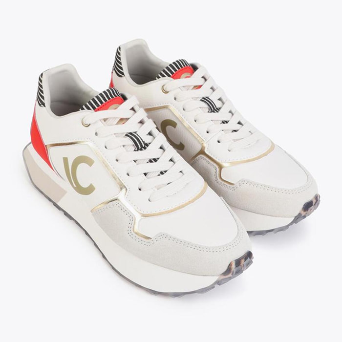 Scarpa sportiva con plateau tricolore in tessuti abbinati e dettagli in pelle