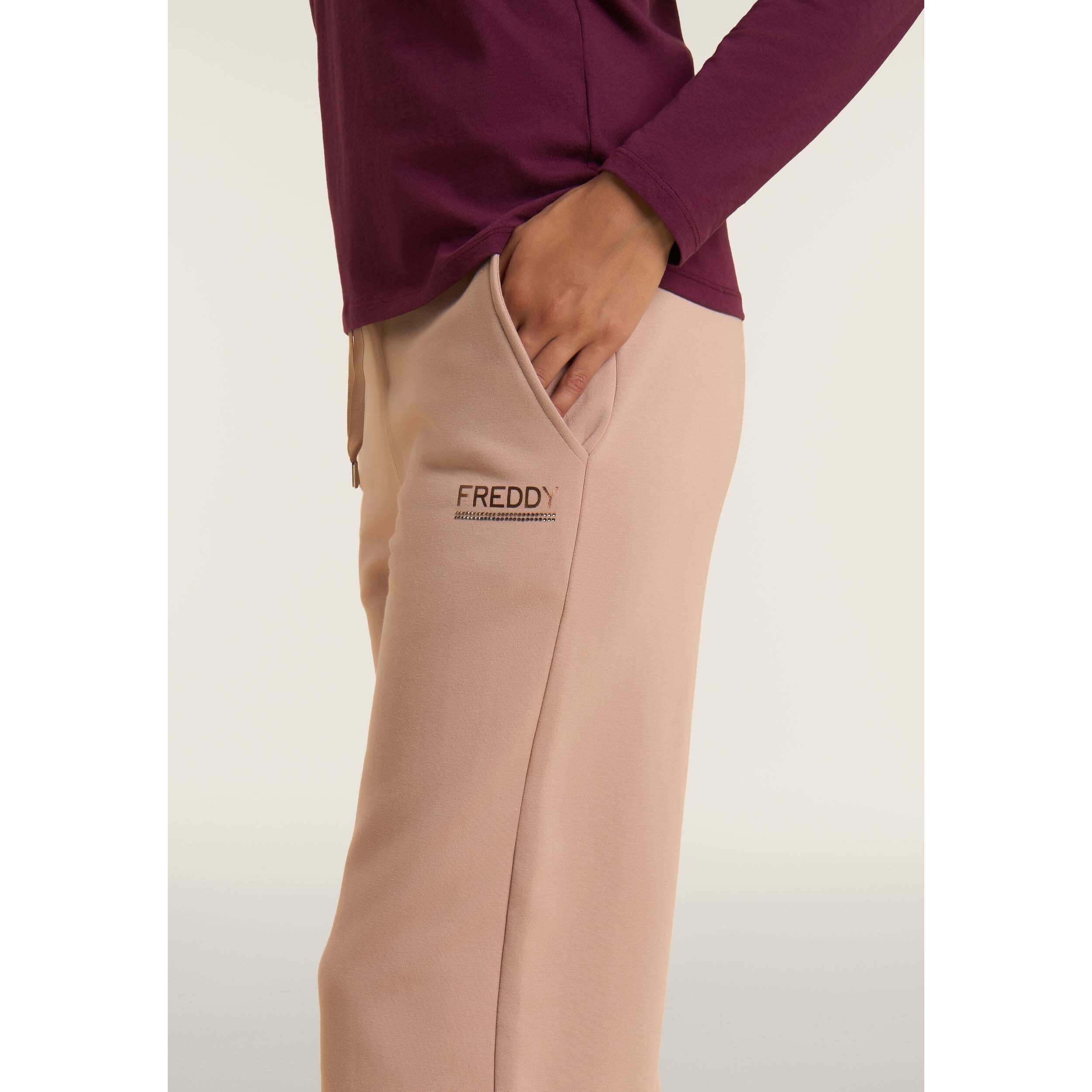 Pantaloni wide leg da donna con logo in strass bicolore