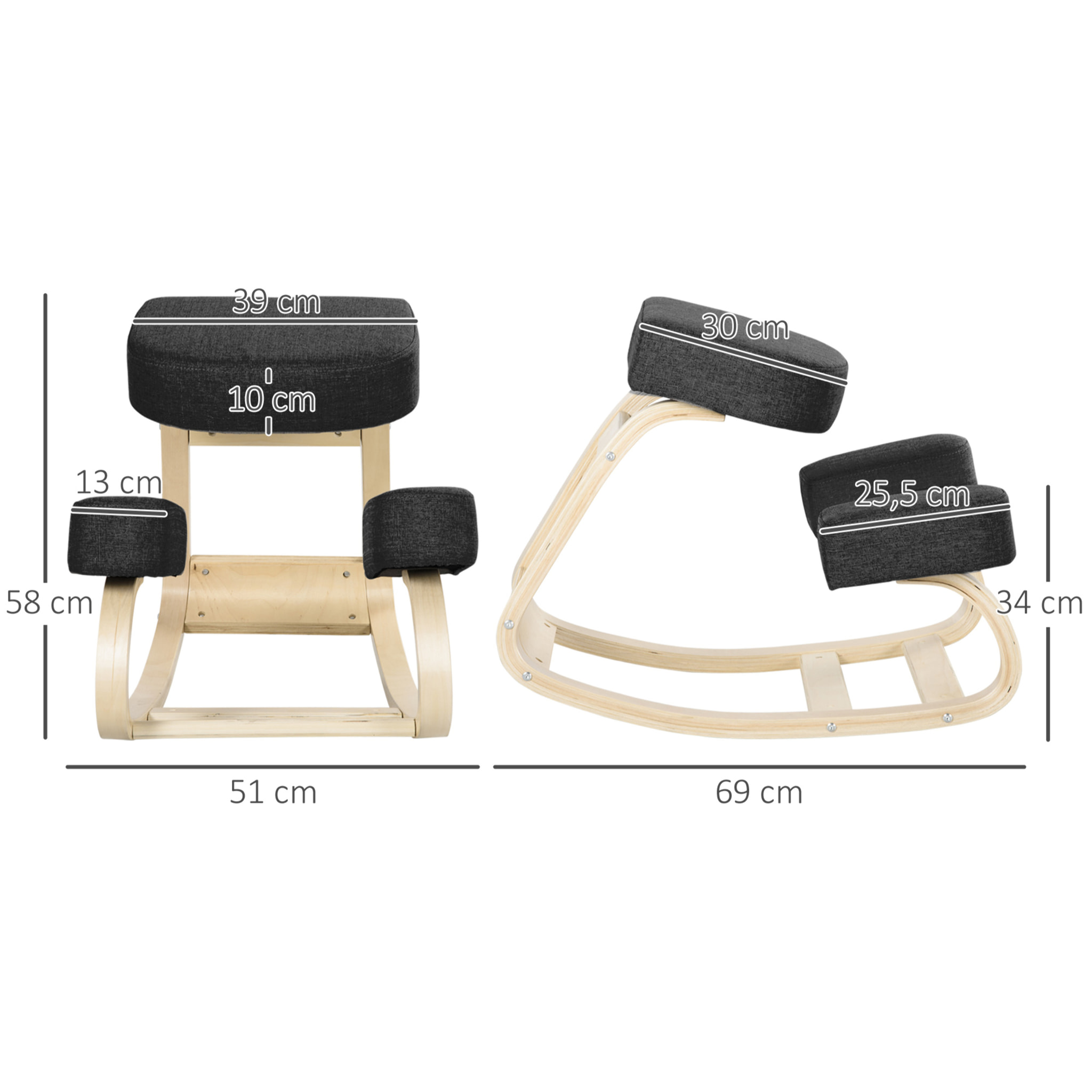 Tabouret ergonomique - siège assis à genoux - chaise à genoux grand confort - bois bouleau polyester noir