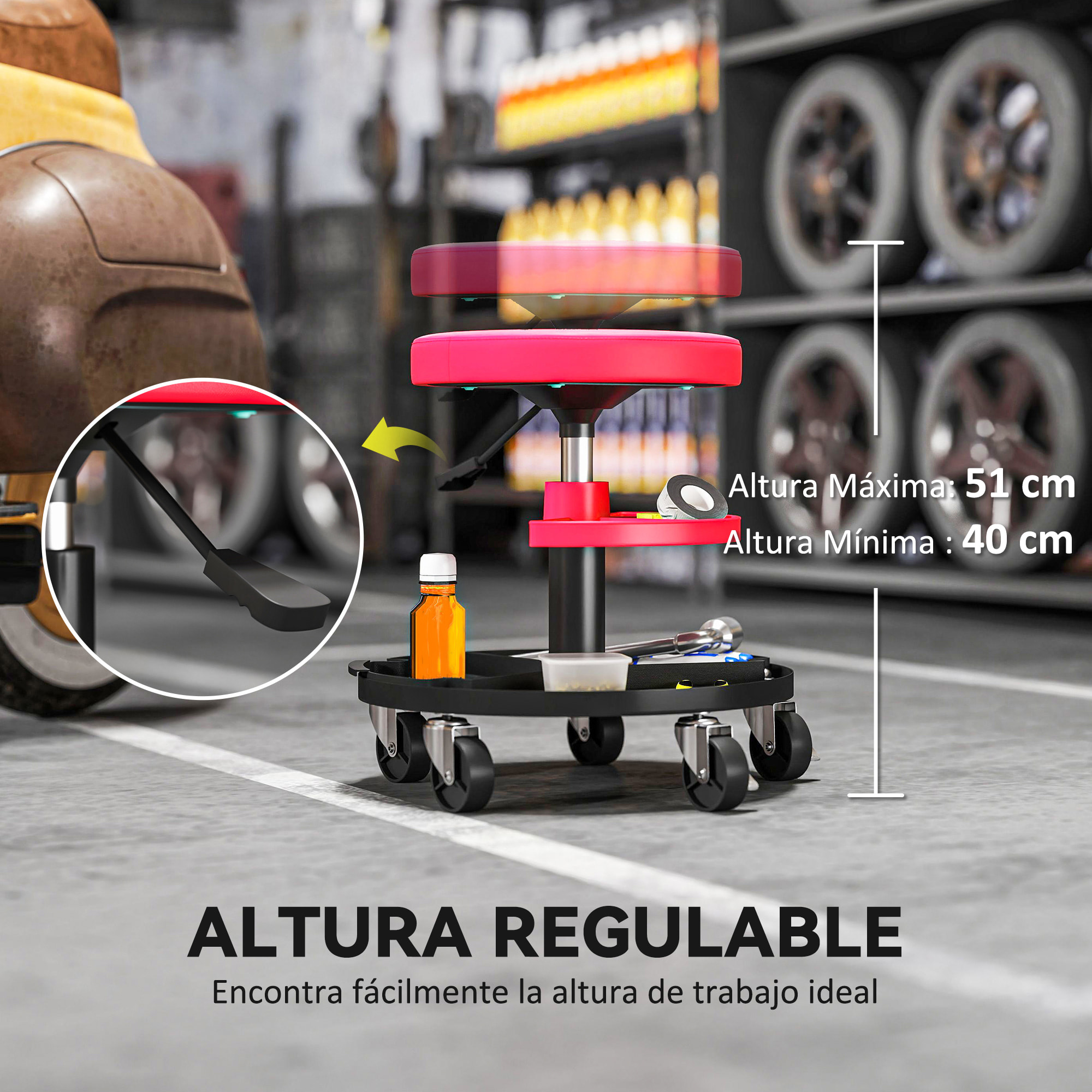 Taburete de Taller Giratorio con Ruedas Altura Ajustable de 40-51 cm Asiento Taburete para Mecánico con 2 Bandejas para Herramientas Carga 135 kg para Garaje Reparación de Automóviles Rojo