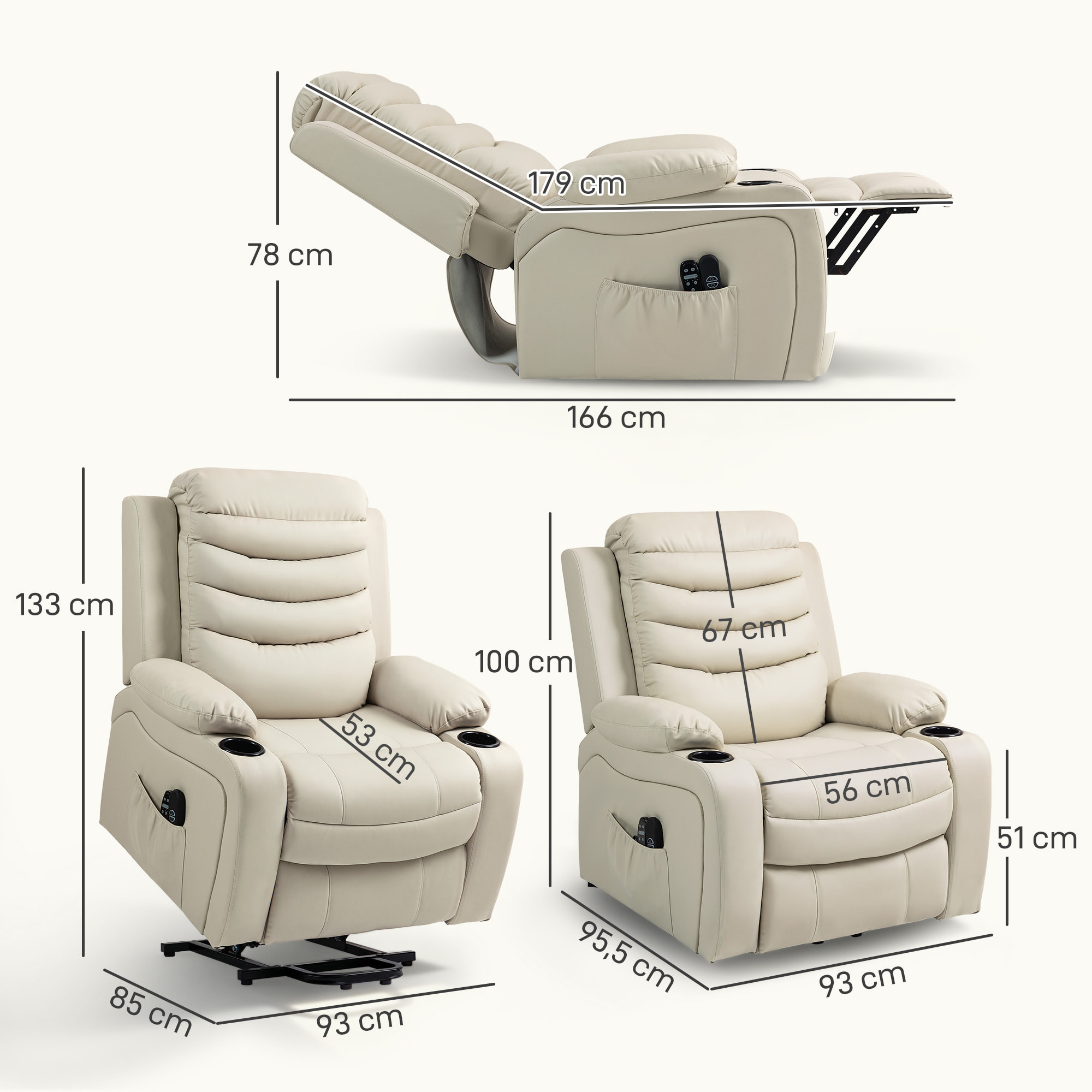 Sillón Relax Reclinable Eléctrico Levanta Personas, con Masaje Vibratorio y Calor, Sillón Elevador, con Puerto USB, Control Remoto, Reposapiés, Tapizado en PU, Bolsillos, Portavasos, Crema