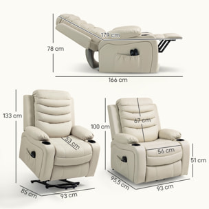 Sillón Relax Reclinable Eléctrico Levanta Personas, con Masaje Vibratorio y Calor, Sillón Elevador, con Puerto USB, Control Remoto, Reposapiés, Tapizado en PU, Bolsillos, Portavasos, Crema