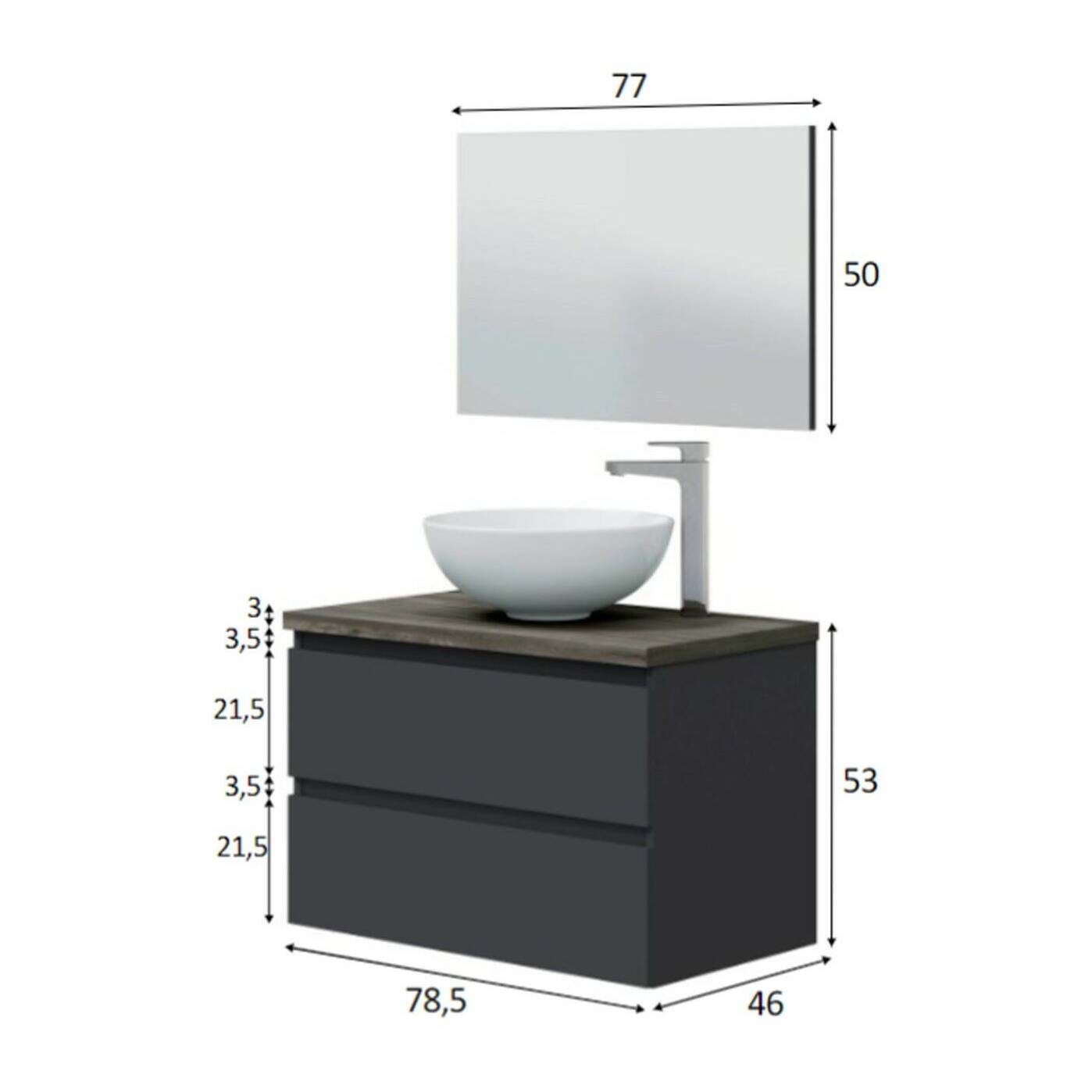 Mobile sottolavabo Alakdan, Mobiletto da bagno, Contenitore porta lavabo, Armadio per lavandino, 79x46 h53 cm, Antracite e Olmo