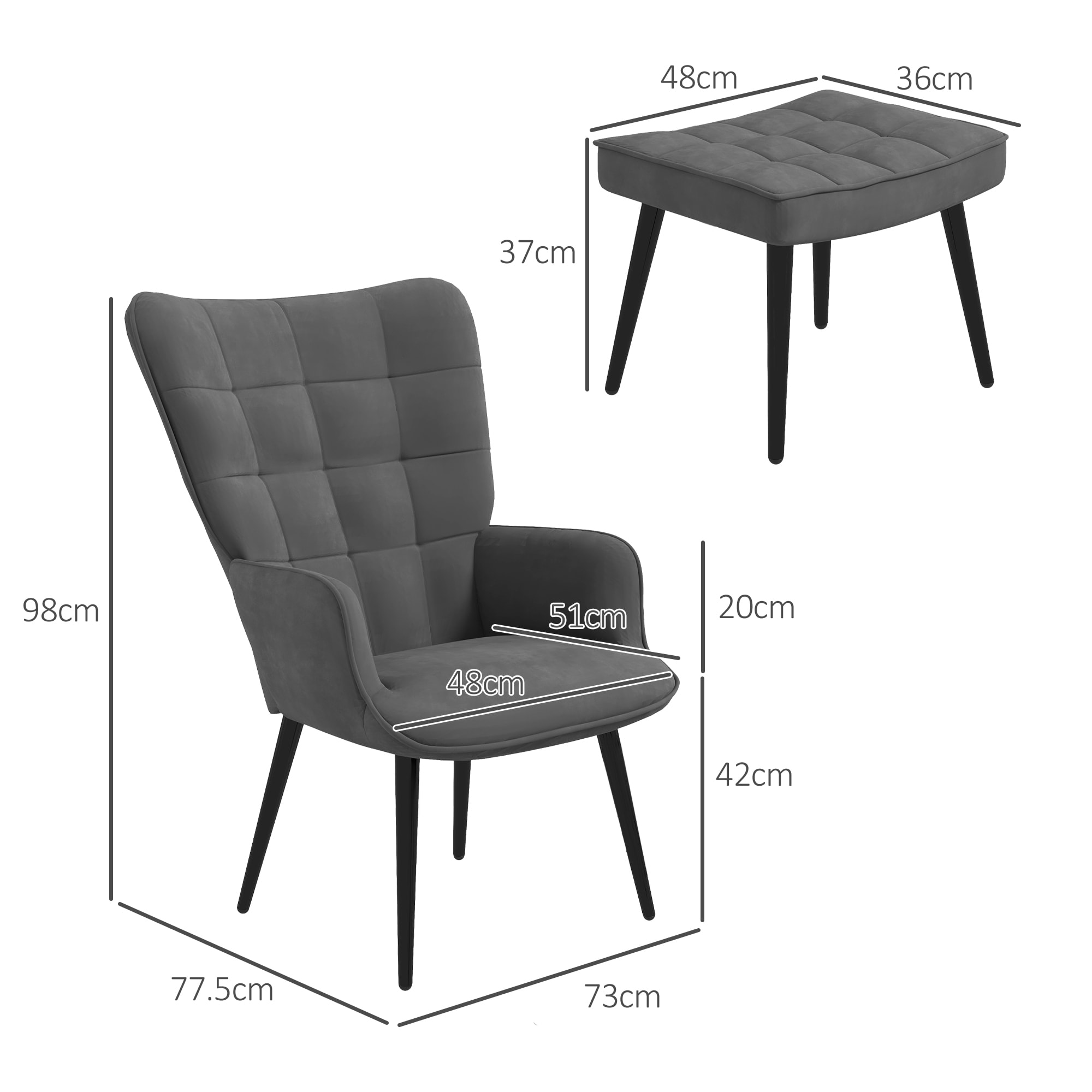 Fauteuil lounge style scandinave avec repose-pied assorti piètement incliné effilé métal noir aspect velours gris