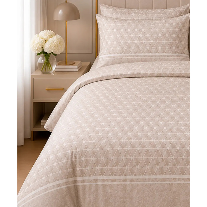 Parure Copripiumino Geo Tortora Beige in Cotone 100% Made in Italy, Stampa Digitale HD