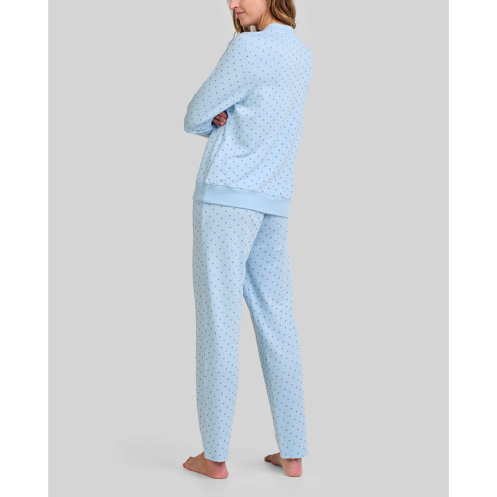 Pijama mujer suave y cálido tejido vigoré estampado, escote abierto con cremallera, manga larga con puños elásticos y pantalón largo