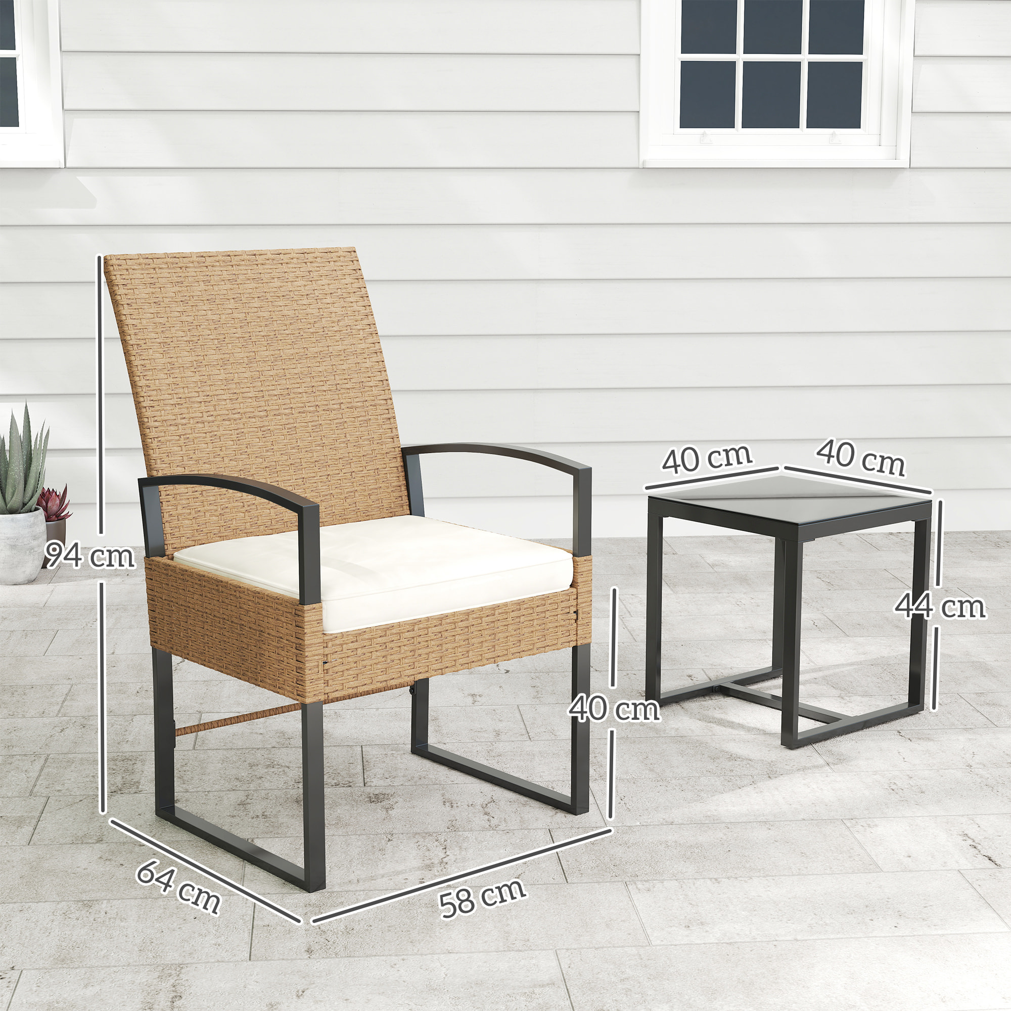 Conjunto de Jardín Exterior de 3 Piezas con Respaldo Ajustable Juego de 2 Sillas y Mesa de Ratán con Cojines Acolchados y Encimera de Vidrio Templado para Balcón Terraza Beige y Blanco