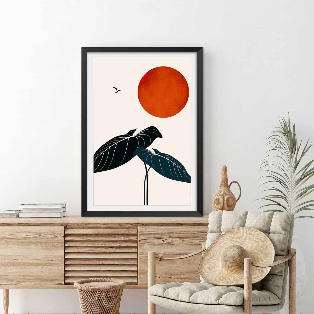 Affiche fleurs ""Monstera au soleil rouge"" Affiche sous cadre noir