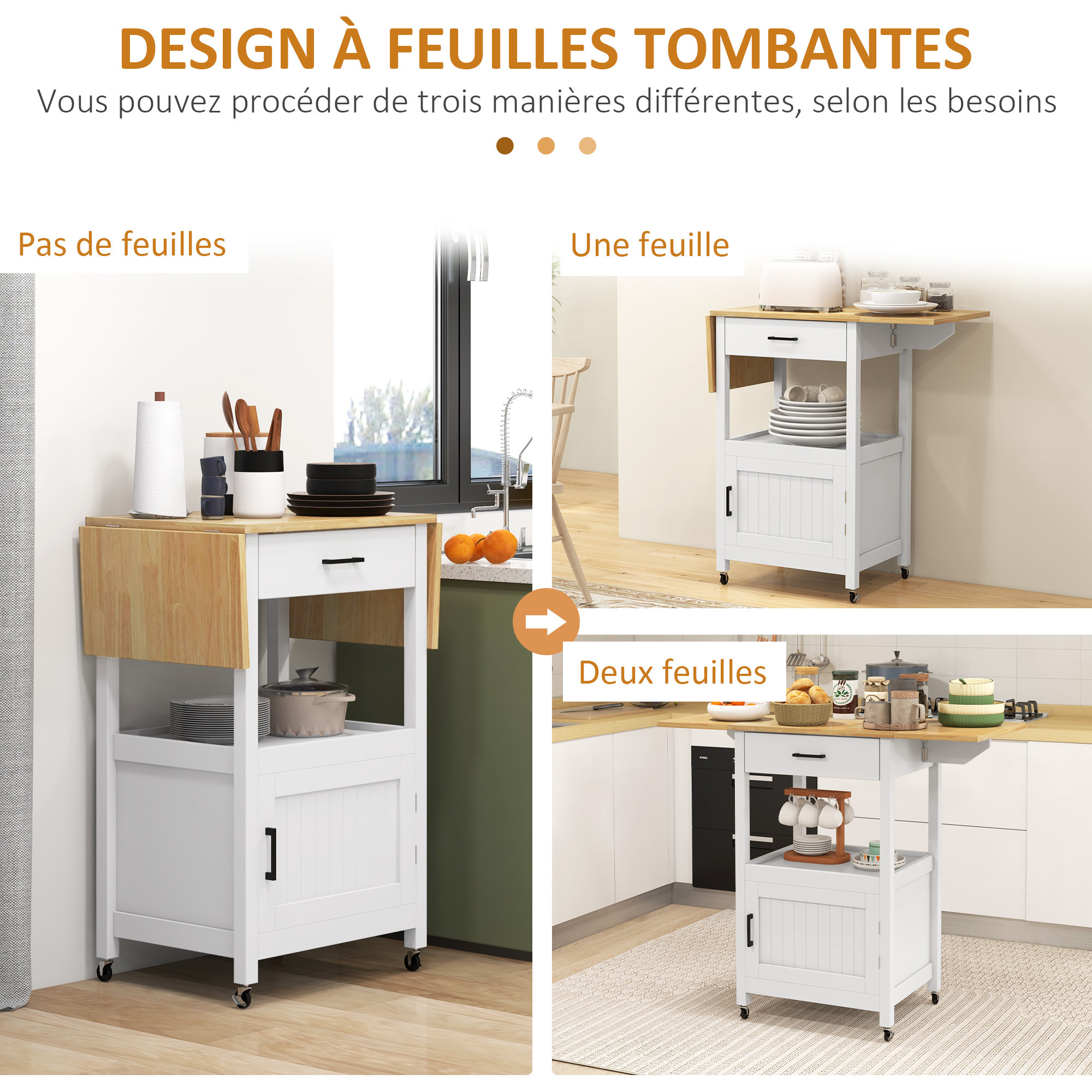 Desserte de cuisine extensible sur roulettes - porte, niche, tiroir - rallonges bois hévéa verni MDF blanc