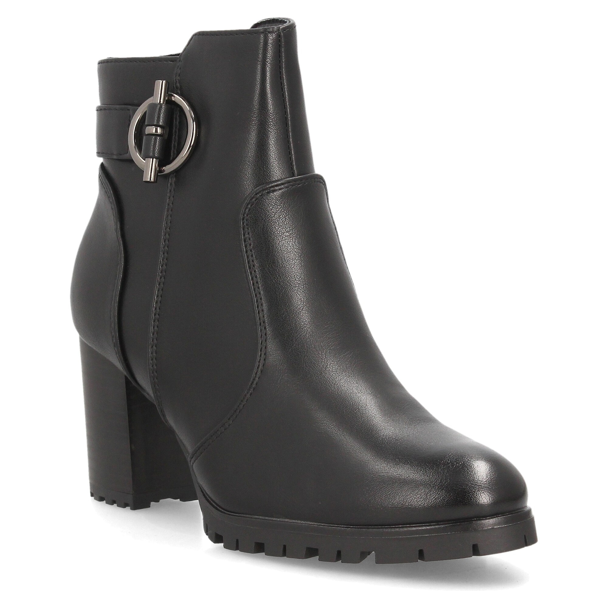 Botines de tacón con hebilla decorativa para mujer.