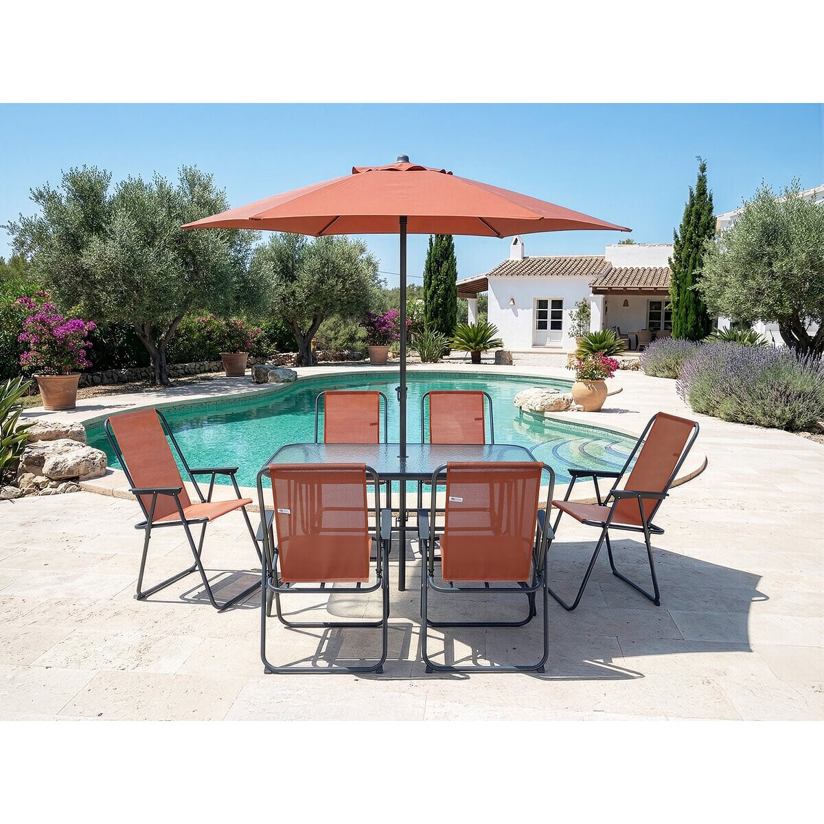 Table et chaises de jardin avec parasol en métal "Convivia" - 6 places - Terracotta