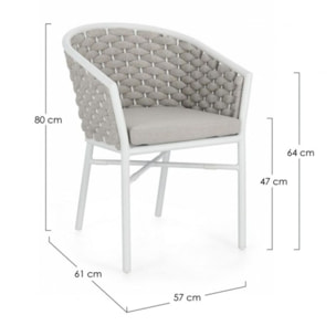 Set di 4 poltroncine MARGALIDA in alluminio bianco con intreccio in corda grigio, con braccioli