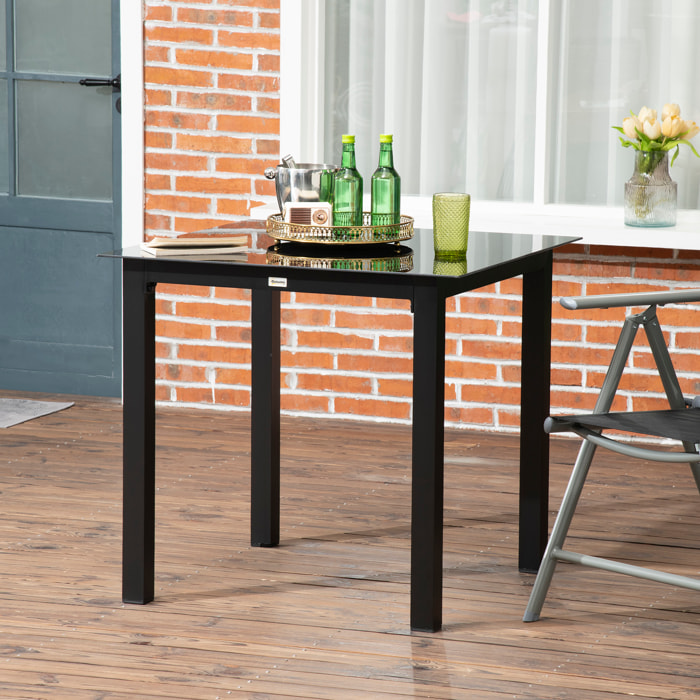 Table de jardin carrée 4 personnes dim. 80L x 80l x 74H cm alu. plateau verre trempé noir