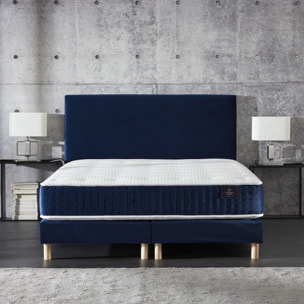 Sommier tapissier multi lattes, tissu velours bleu