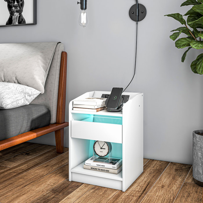 Mesita de Noche Mesilla de Noche con Luces LED Mesa de Noche con Cajón Estante Estación de Carga Puertos USB y Control Remoto 40x40x58 cm Blanco